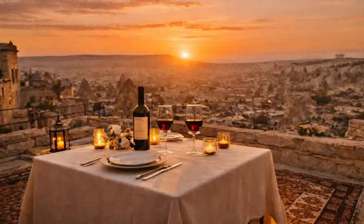 Kapadokya’da gün batımında vadi manzaralı romantik akşam yemeği masası